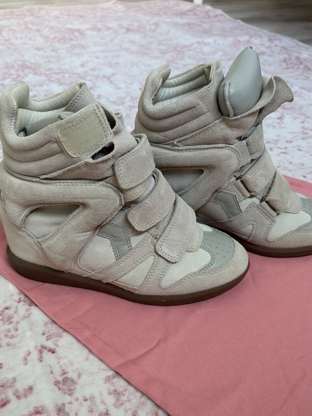 Wedge Sneaker Boots in Light Beige - Women's Velcro Athletic Style